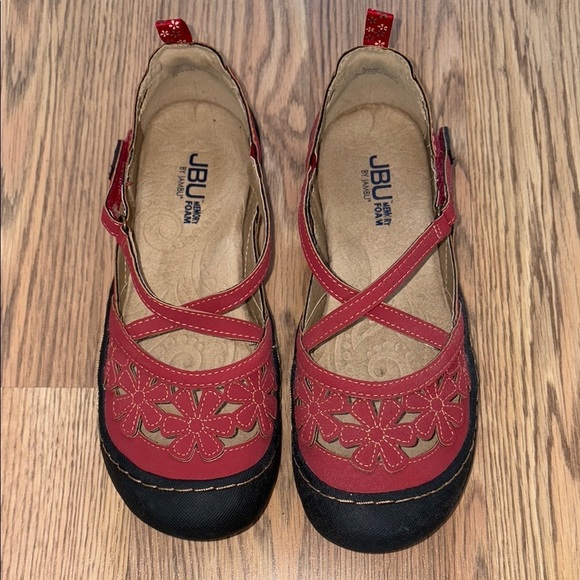 Jambu Red Flats with Floral Cut-Outs and Adjustable Strap - Picture 2 of 5
